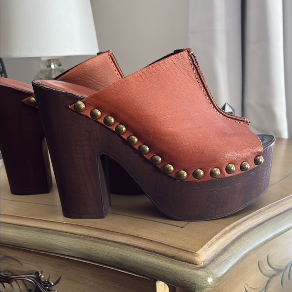 Women's Burnt Orange , Leather ,  Platform Studded Clog Sandals